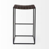 30" Brown And Black Leather And Iron Backless Bar Height Bar Chair