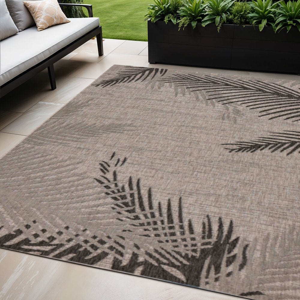 5' X 7' Beige And Red Palm Leaf Indoor Outdoor Area Rug