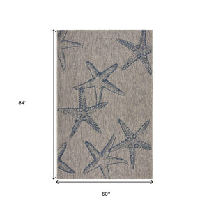5' X 7' Blue And Gray Starfish Indoor Outdoor Area Rug