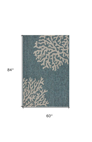 5' X 7' Blue And Gray Coral Indoor Outdoor Area Rug