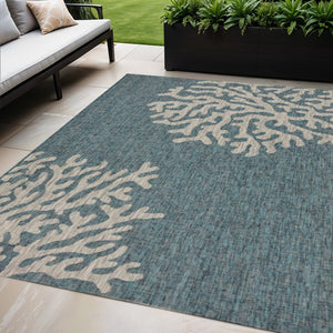 5' X 7' Blue And Gray Coral Indoor Outdoor Area Rug