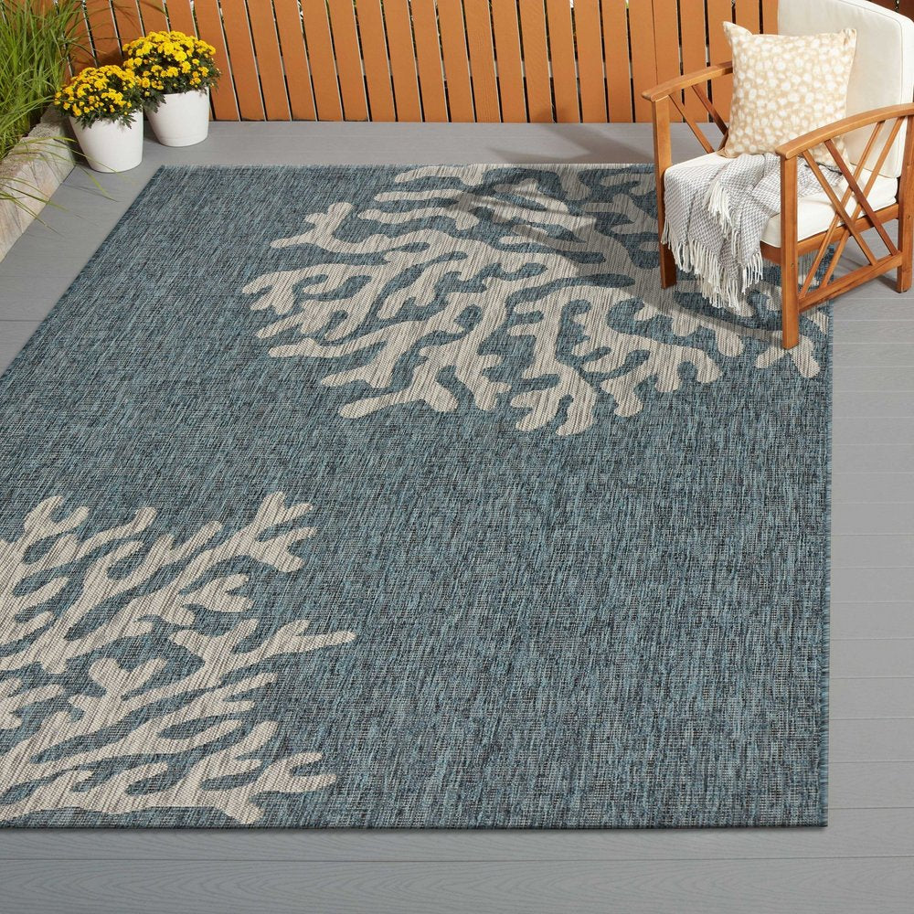 5' X 7' Blue And Gray Coral Indoor Outdoor Area Rug