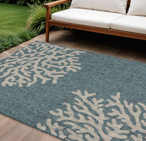 5' X 7' Blue And Gray Coral Indoor Outdoor Area Rug