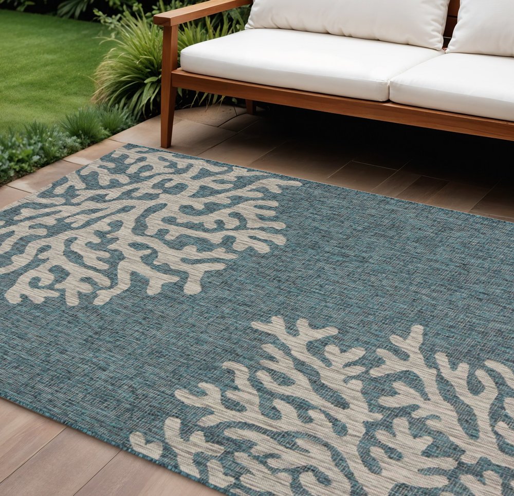 5' X 7' Blue And Gray Coral Indoor Outdoor Area Rug