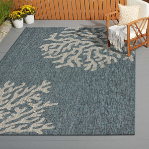 5' X 7' Blue And Gray Coral Indoor Outdoor Area Rug