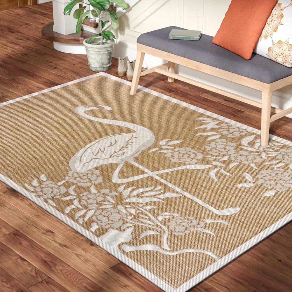 5' X 7' Beige Flamingo Indoor Outdoor Area Rug
