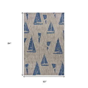 5' X 7' Gray And Blue Sailboat Indoor Outdoor Area Rug