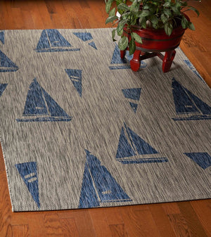 5' X 7' Gray And Blue Sailboat Indoor Outdoor Area Rug