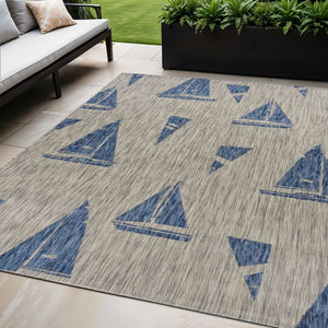 5' X 7' Gray And Blue Sailboat Indoor Outdoor Area Rug