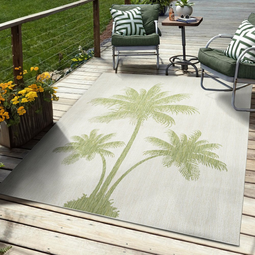 5' X 7' Beige And Green Palm Tree Indoor Outdoor Area Rug