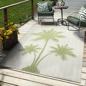 5' X 7' Beige And Green Palm Tree Indoor Outdoor Area Rug