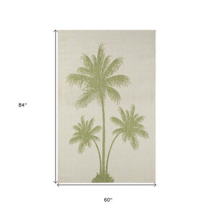 5' X 7' Beige And Green Palm Tree Indoor Outdoor Area Rug
