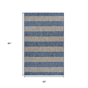 5' X 7' Blue And Gray Striped Indoor Outdoor Area Rug