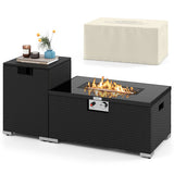 2-Piece Outdoor Rattan Fire Table Set 32 Inch Rectangle Gas Firepit with Tank Cover-Black