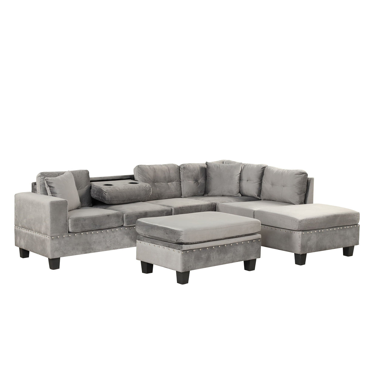 Modern Sectional Sofa With Storage Ottoman, L-Shape Couch With 2 Pillows And Cup Holder, Sectional Sofa With Reversible Chaise For Living Room by Couch.com