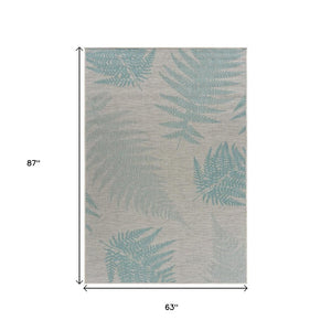 5' X 7' Beige And Teal Blue Fern Leave Indoor Outdoor Area Rug