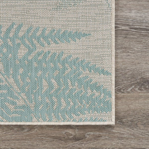 5' X 7' Beige And Teal Blue Fern Leave Indoor Outdoor Area Rug