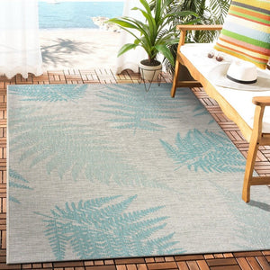 5' X 7' Beige And Teal Blue Fern Leave Indoor Outdoor Area Rug
