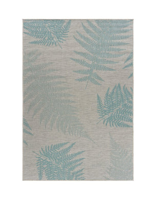 5' X 7' Beige And Teal Blue Fern Leave Indoor Outdoor Area Rug