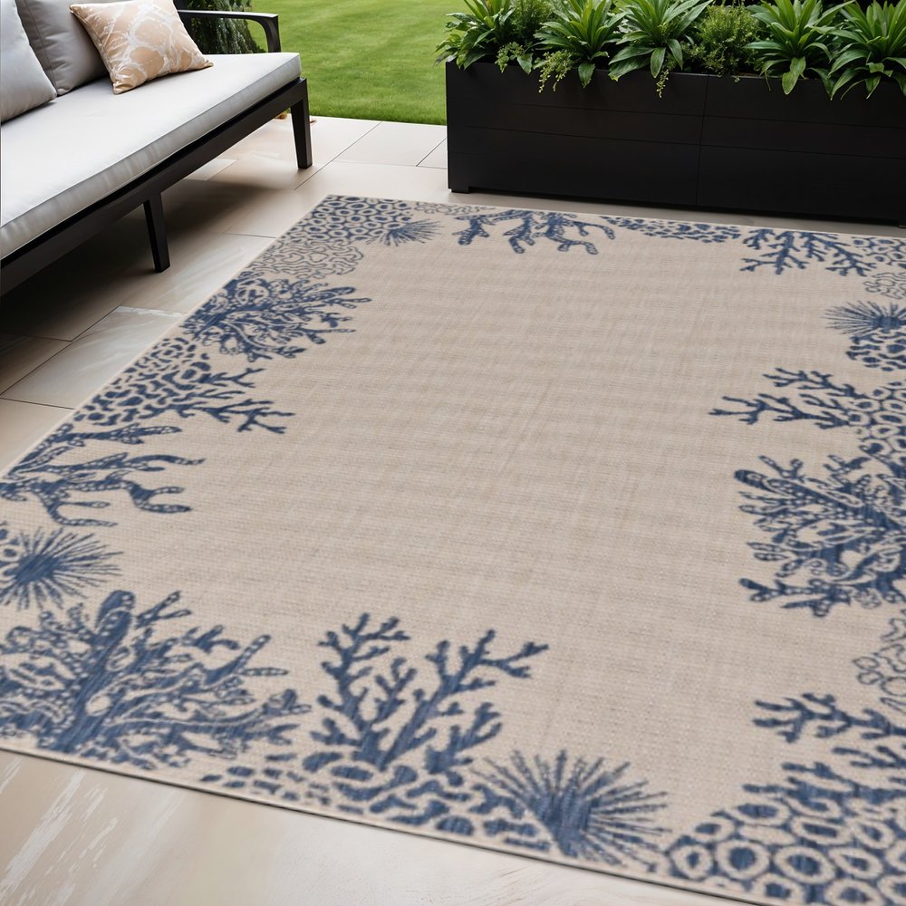 8' X 9' Beige And Blue Coral Indoor Outdoor Area Rug