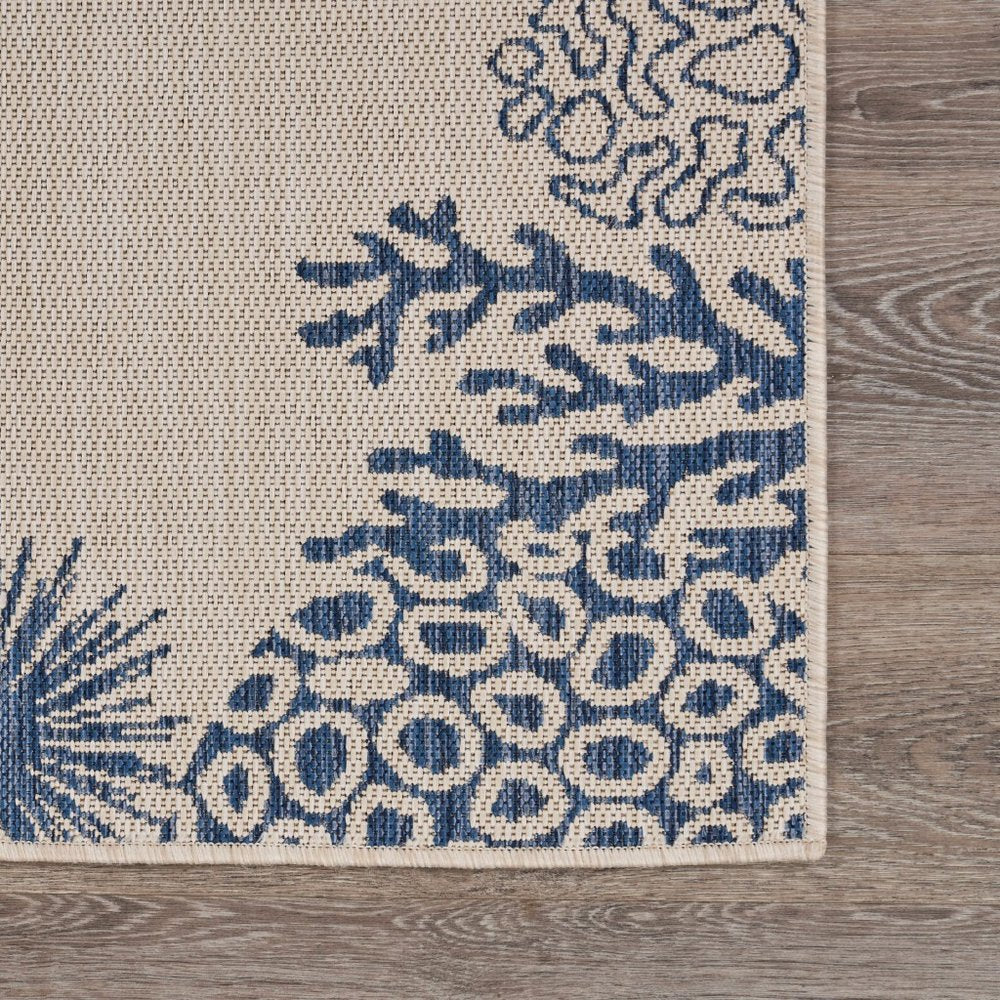 8' X 9' Beige And Blue Coral Indoor Outdoor Area Rug