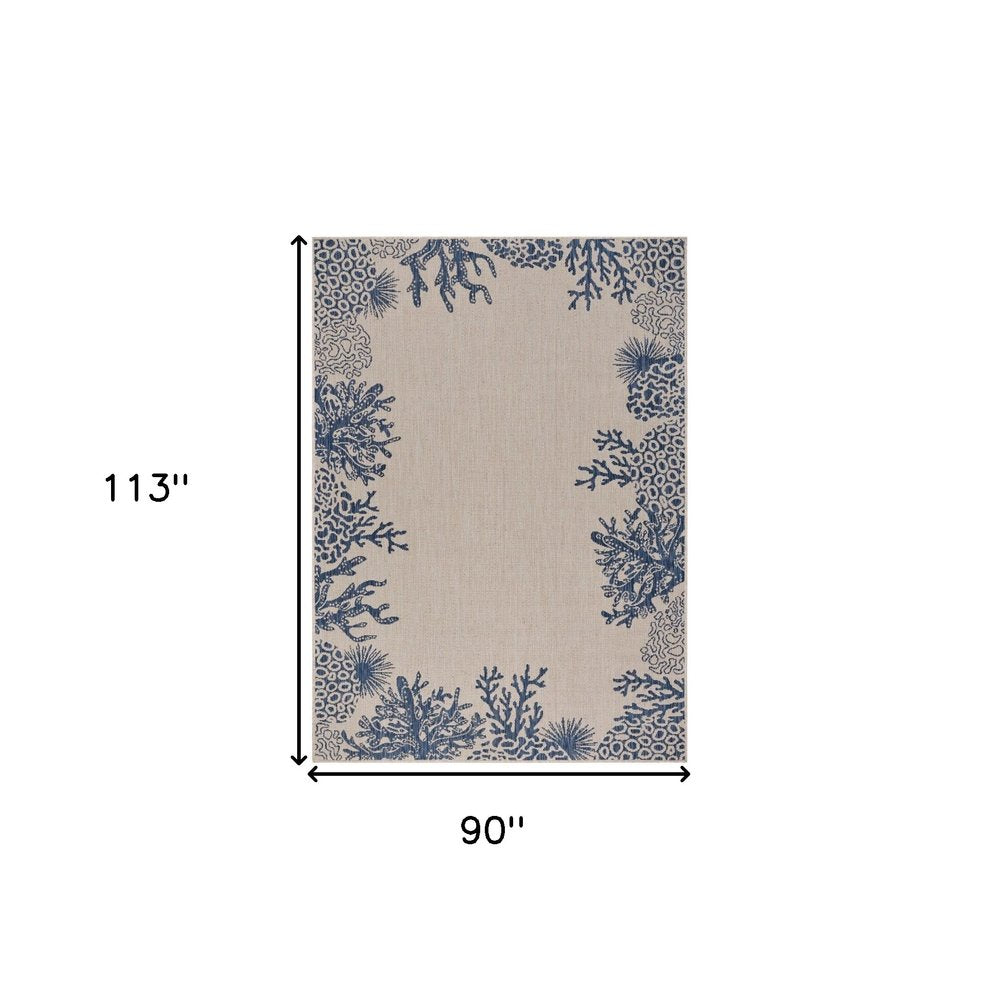 8' X 9' Beige And Blue Coral Indoor Outdoor Area Rug