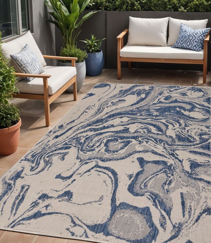 5' X 7' Blue And Gray Indoor Outdoor Area Rug