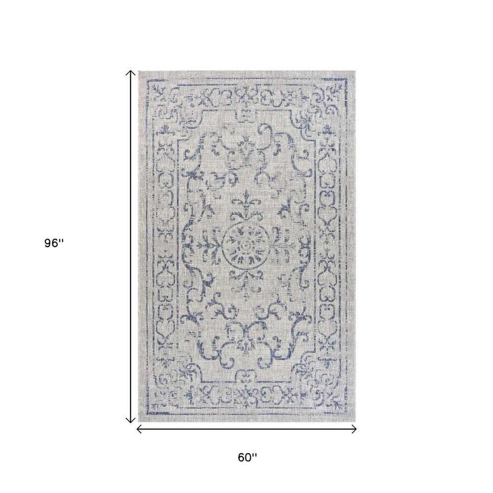 5' X 8' Blue And Gray Indoor Outdoor Area Rug