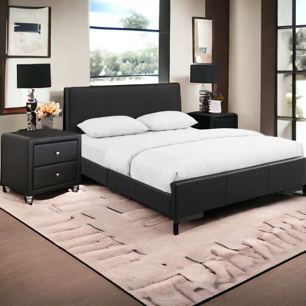 Beige Wood And Faux Leather Full Bed Frame