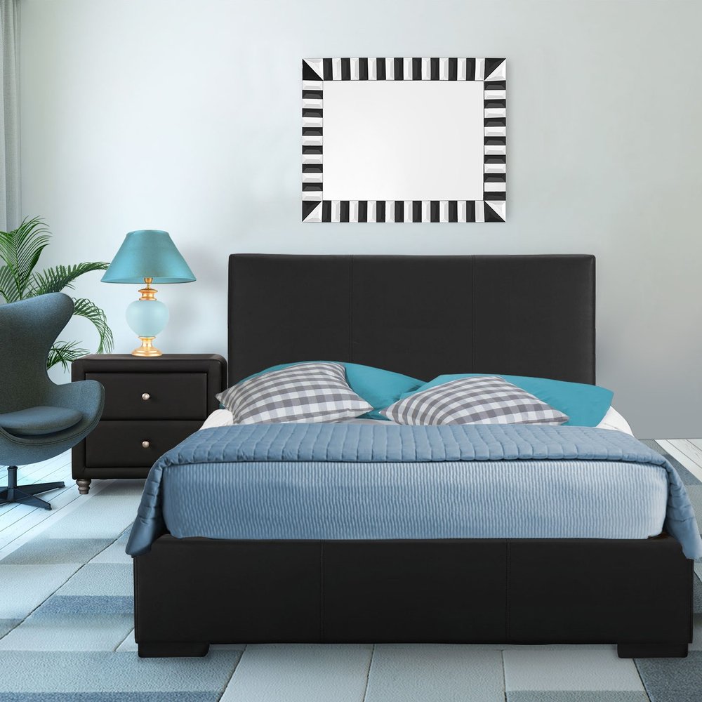 Beige Wood And Faux Leather Full Bed Frame