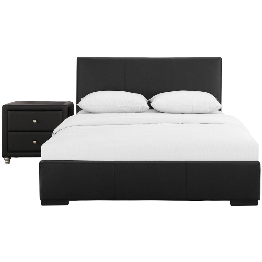 Beige Wood And Faux Leather Full Bed Frame