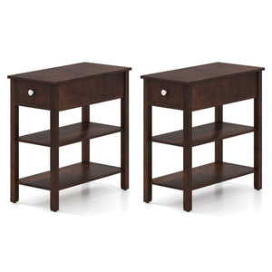 3-Tier Narrow End Table with Drawer and Storage Shelves Set of 2-Walnut