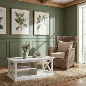 47" White Solid Wood And Solid And Manufactured Wood Coffee Table With Three Shelves
