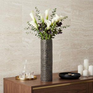 15" Black And Gold Abstract Cylinder Ceramic Table Vase