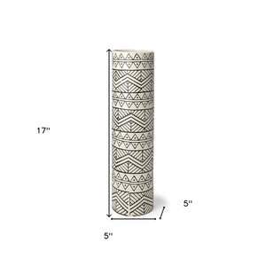 17" Cream and Charcoal Geometric Cylinder Ceramic Vase