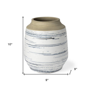 10" Blue Sand And White Abstract Cylinder Ceramic Table Vase