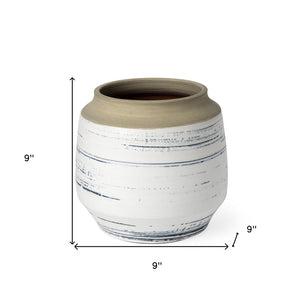 9" White Blue and Sand Abstract Cylinder Ceramic Table Vase