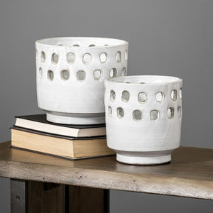Set of Two White Abstract Cylinder Ceramic Table Vase