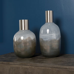13" Bronze And White Ombre Glass Cylinder Table Vase