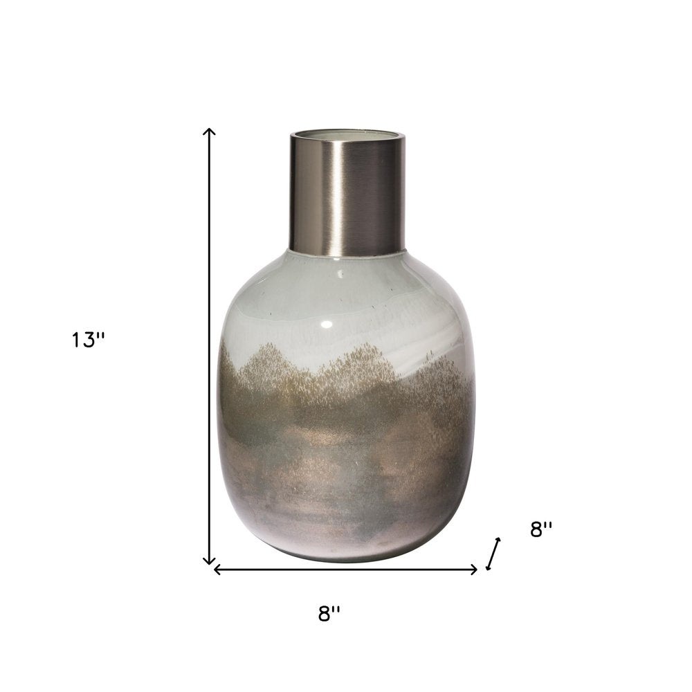 13" Bronze And White Ombre Glass Cylinder Table Vase