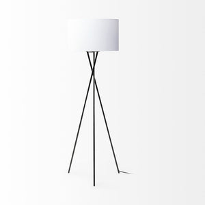 66" Black Tripod Floor Lamp With White Fabric Drum Shade