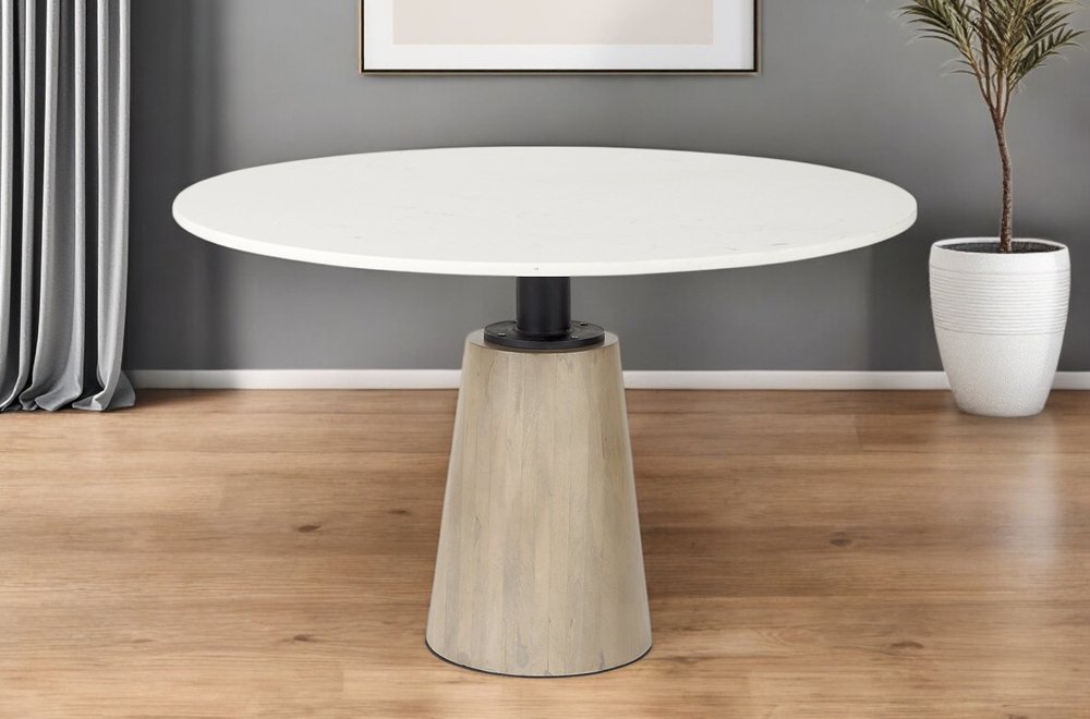 48" White And Natural Rounded Marble Pedestal Base Dining Table