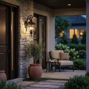 Black And Clear Three Light Seeded Dimmable Outdoor Hanging Lights With Black And Clear Shades