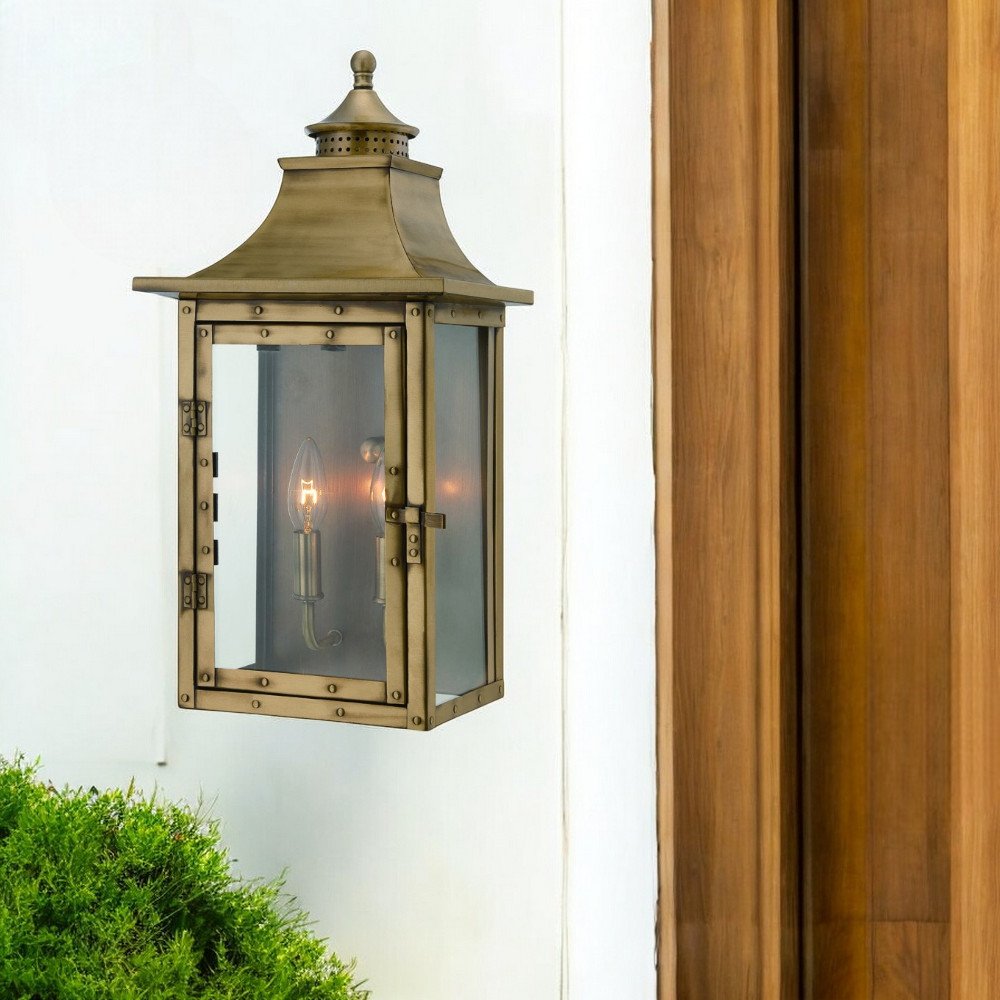 Brass And Clear Two Light Transparent Dimmable Outdoor Hanging Lights With Brass And Clear Shades