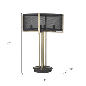 25" Brass Metal Four Light Geometric Table Lamp With Black Drum Shade