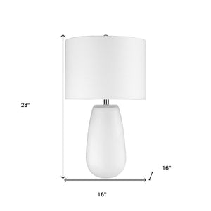 28" White Glass Table Lamp With White Drum Shade