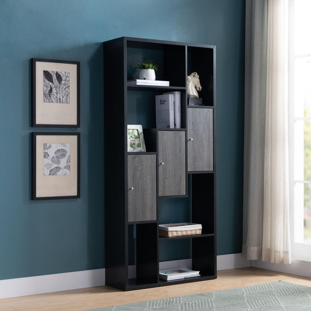 Bookcase Display Storage Cabinet, Multi Shelves - Black / Distressed Gray by Couch.com