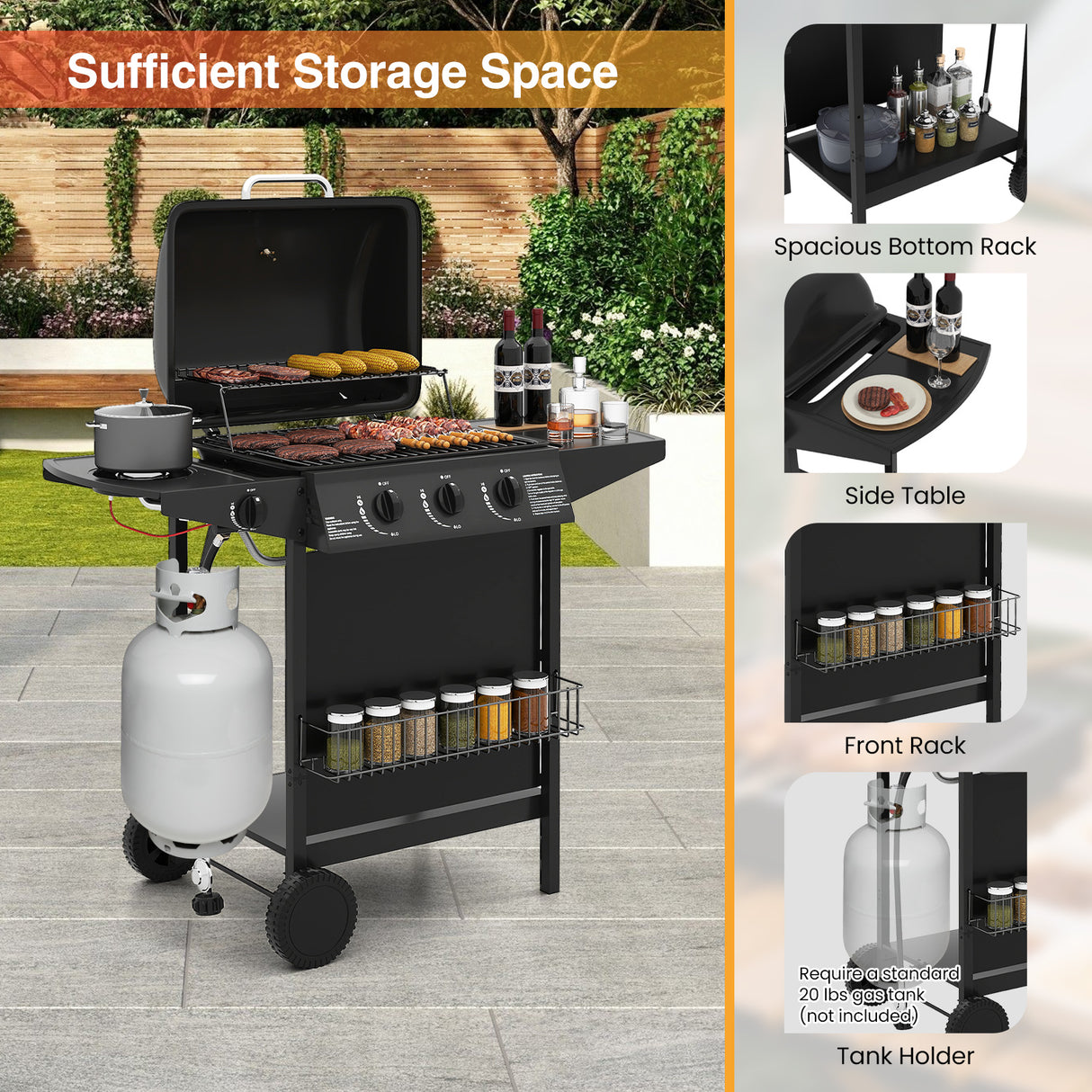 39 000 BTU Outdoor Burner Propane Gas Grill on Wheels-Black