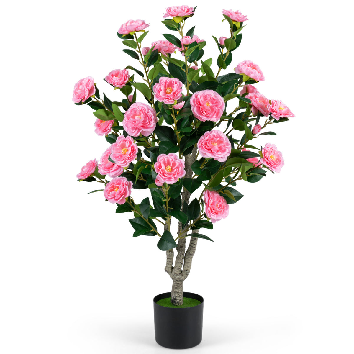39.5" Artificial Camellia Tree with Orange Blossoms in Cement Pot for Home Decoration-Pink