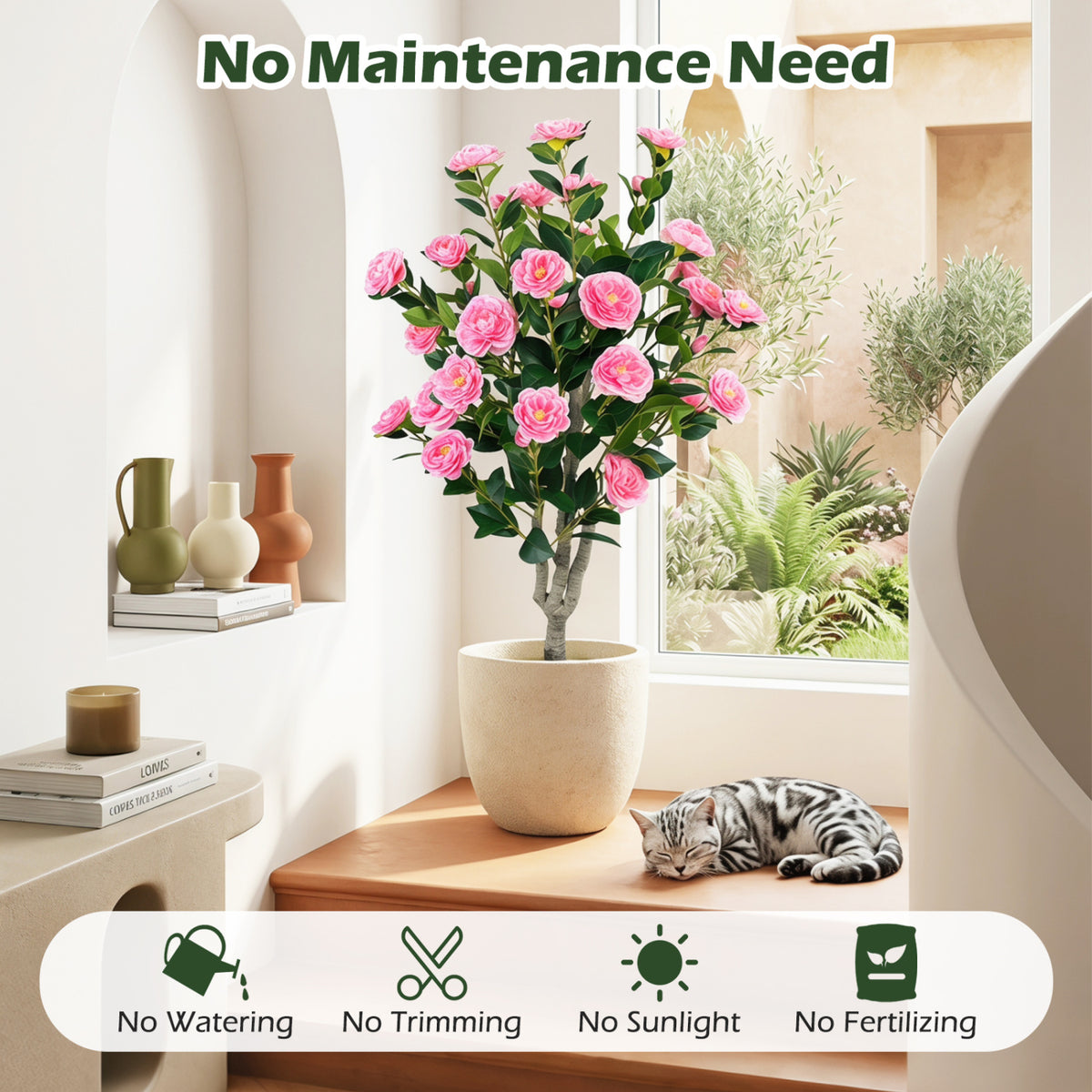 39.5" Artificial Camellia Tree with Orange Blossoms in Cement Pot for Home Decoration-Pink